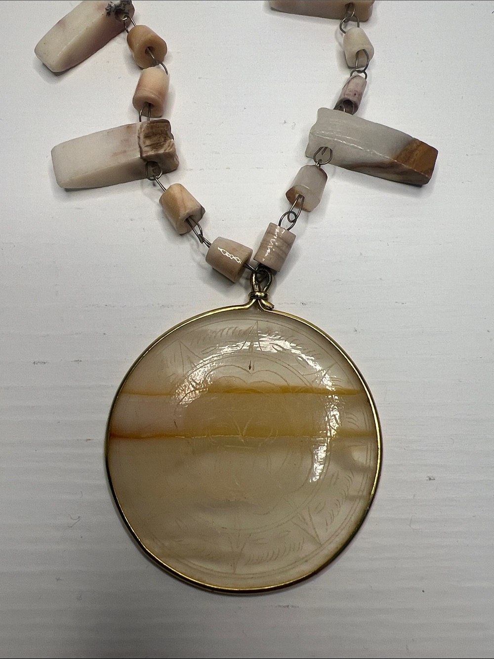 Vintage Beige Stone Beaded Necklace with Round Pendant
